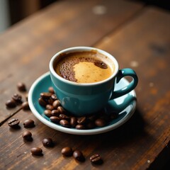 Obraz premium Espresso cup placed on old wooden table with beans scattered around it , vintage, espresso, rustic