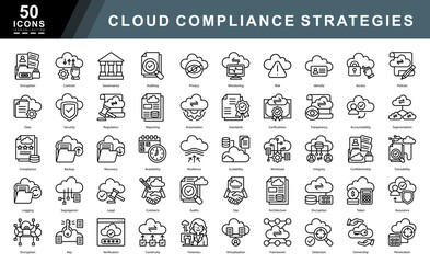 Cloud compliance strategies icon collection set. Containing Encryption,Controls,Governance,Auditing,Privacy,Monitoring,Risk,Identify,Access,Policies,Data icon. Simple line vector illustration.