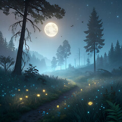 Mystical Night Forest: Full Moon, Glowing Fireflies Path