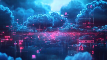 Fototapeta premium Futuristic Cloud Computing Network Abstract Digital Data Stream and Sky Background