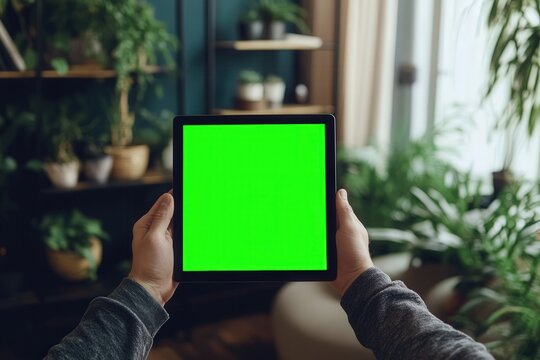 Person holding a tablet with a green screen in a plant-filled room. - Powered by Adobe