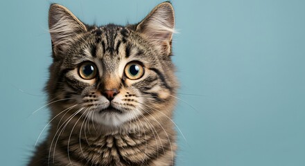 Obraz premium Cat Face Close up, Surprised, shocked cat face isolated on a pastel color background with copy space