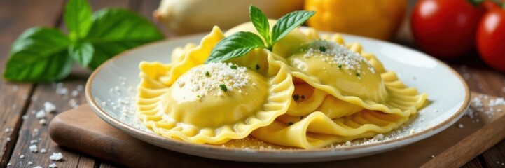 Homemade ravioli with fresh pasta on a wooden table , Italian cuisine, kitchen, homemade