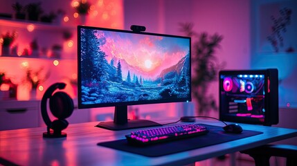 A gaming setup showcasing modern peripherals and vibrant neon lighting