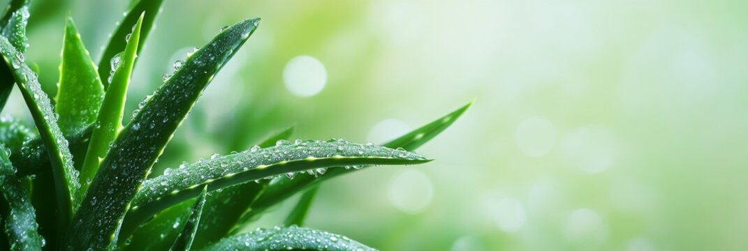 A close-up of green aloe vera leaves with droplets of water against a soft, blurred light green background