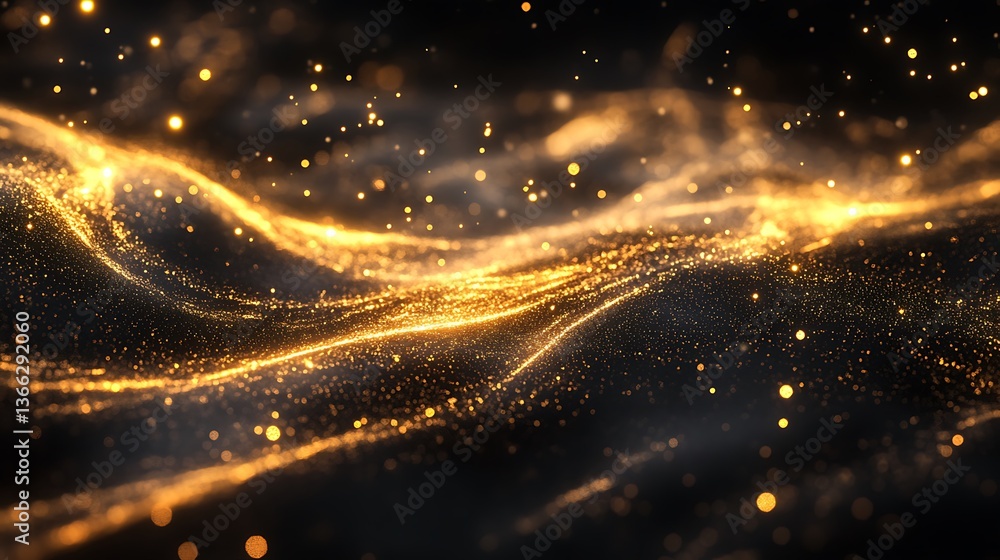 Aufkleber abstract golden light particle stream flowing on dark background, elegant and luxurious visual desig
