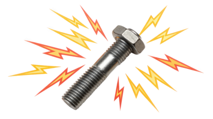 A metallic bolt with a hexagonal head and threaded shaft, surrounded by dynamic lightning bolts.