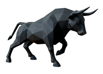 Fototapeta premium Geometric black bull sculpture with angular facets and modern design on a white background