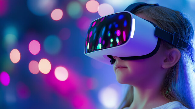 A young child wearing a virtual reality headset, surrounded by vibrant, colorful lights, exploring a digital world.