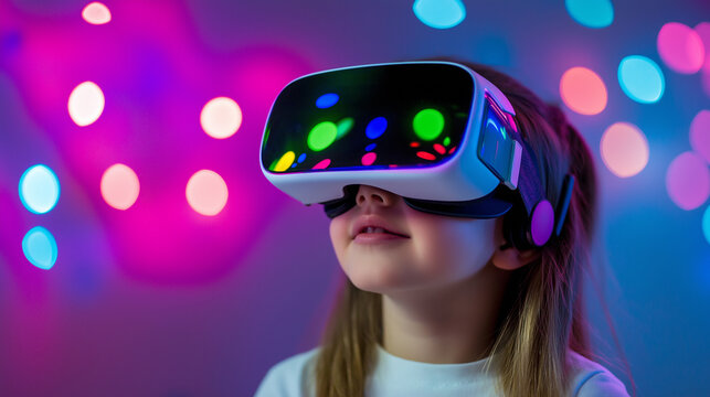 A young child wearing a virtual reality headset, surrounded by vibrant, colorful lights, exploring a digital world.