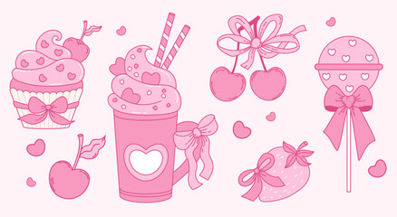 Vintage coquette aesthetic pink sweets and desserts with ribbon bow set. Romantic girly vibe. Vector illustration. Isolated Trendy elements food and berries perfect for design and decoration