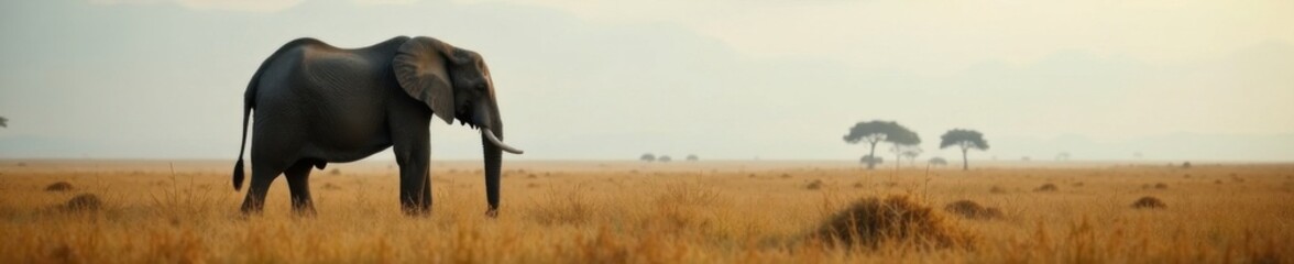Obraz premium Misty savannah landscape with a large grey elephant standing alone, Large Animal, Green Grass, Wildlife