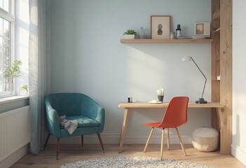 Home Office Decor with Desk, Chair, Shelf, and Lamp