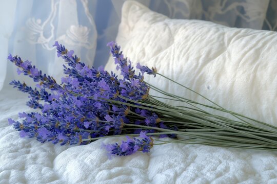 A minimalistic arrangement of dried lavender flowers resting on a textured white pillow