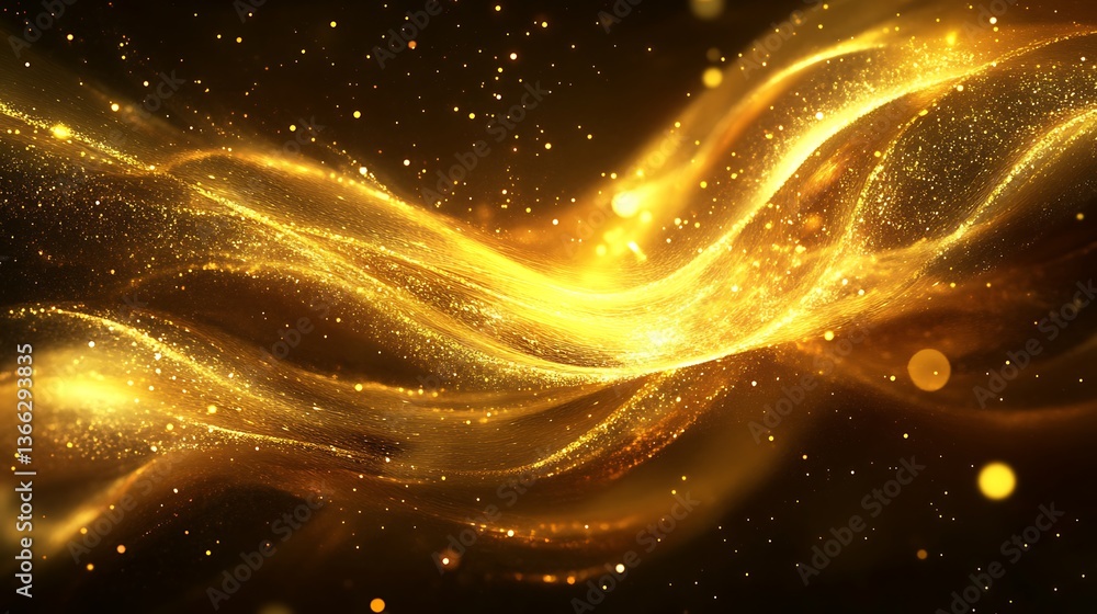 Poster abstract golden light waves and sparkling particle background, shining brightness and elegant design