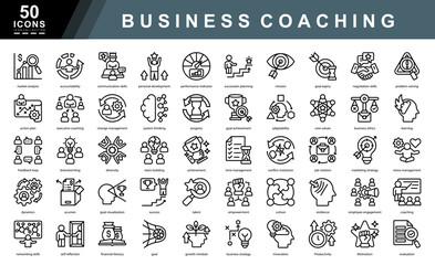 Business Coaching icon collection set. Containing market analysis,accountability,communication,succession planning,mission,negotiation skills,problem solving icon. Simple line vector illustration.