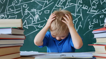 A young boy sitting at a desk with books, holding his head in frustration in front of a chalkboard filled with complex math equations.