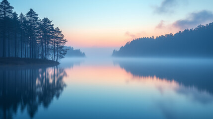 Serene lake at dawn reflecting trees and misty landscape  
