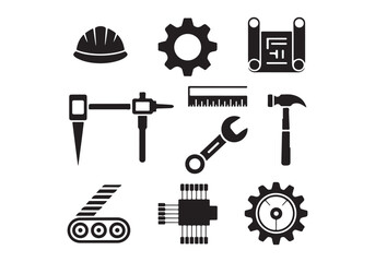 Industrial tools and equipment icons, gears, hard hat, wrench, machinery, and construction tools