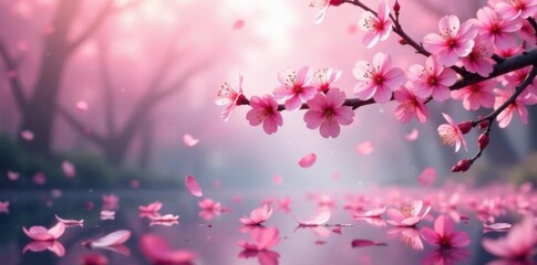 Yozakura petals fall gently on a misty background, petal, pink sakura petals