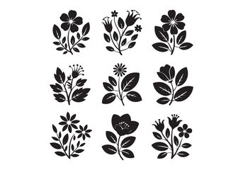 Black flower silhouettes with leaves, floral patterns and botanical illustrations