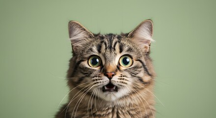 Obraz premium Cat Face Close up, Surprised, shocked cat face isolated on a pastel color background with copy space