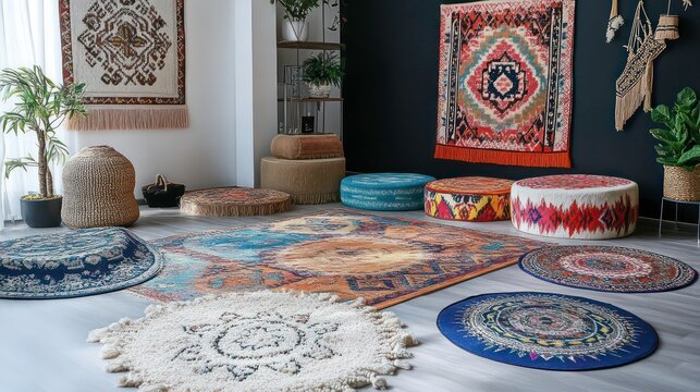 Colorful cartoon carpets, rugs for home decor. Various shapes include round floor rugs, rectangular picnic mats. Colorful rugs ethnic patterns, tassels. Great for interior design projects