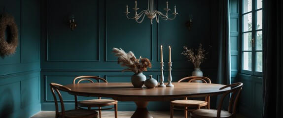 Obraz premium elegant dining room with floral decor and chandelier