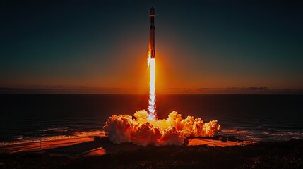 A rocket launching into space over the ocean at sunset