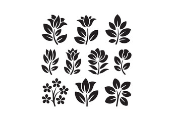 Black floral silhouettes, flower designs with leaves, blossoms, and botanical illustrations