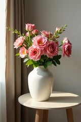 Sleek vase filled with fresh flowers on minimalist nightstand , decor, flowers