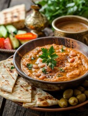 Fototapeta premium Savory Egyptian breakfast featuring ful, olives, and fresh vegetables served in a traditional setting