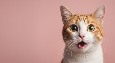 Fototapeta premium Cat Face Close up, Surprised, shocked cat face isolated on a pastel color background with copy space