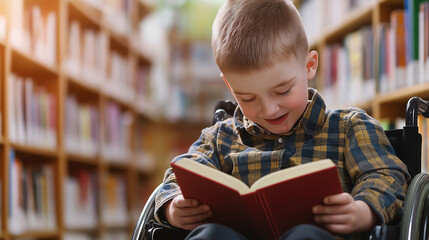 A young boy in a wheelchair reading a book in a library, smiling and enjoying the experience.