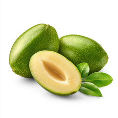 Fresh ambarella fruits with green skin and sliced open to reveal juicy yellow interior