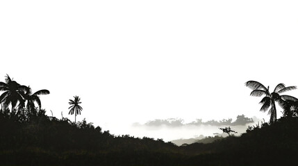 Silhouetted Palm Trees And Foggy Tropical Landscape
