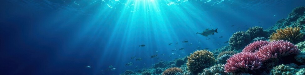 Fototapeta premium Dark blue ocean surface reflecting coral reef and schools of small fish, fish, blue