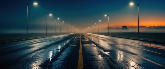Obraz premium serene foggy night street view with glowing lights