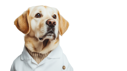 Labrador in suit looking thoughtful, cut out transparent