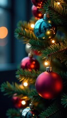 Fototapeta premium Vibrant, colorful baubles adorn a majestic Christmas tree, illuminated by twinkling, blurred lights, Christmas, Blurred