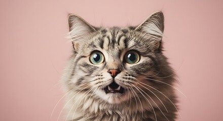 Obraz premium Cat Face Close up, Surprised, shocked cat face isolated on a pastel color background with copy space