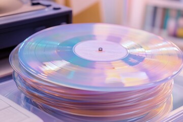 Fototapeta premium A stack of iridescent vinyl records, showcasing vibrant pastel hues and subtle grooves. 