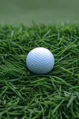 Fototapeta premium A golf ball partially hidden in lush green grass, showcasing its white surface