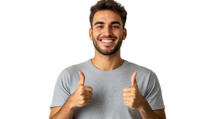 Smiling man giving thumbs up gesture, positive attitude, cut out transparent