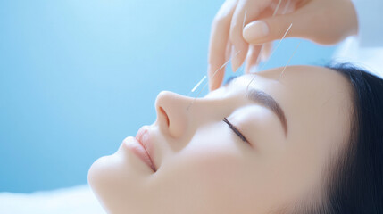 Naklejka premium woman receiving acupuncture therapy with serene expression, promoting relaxation and wellness