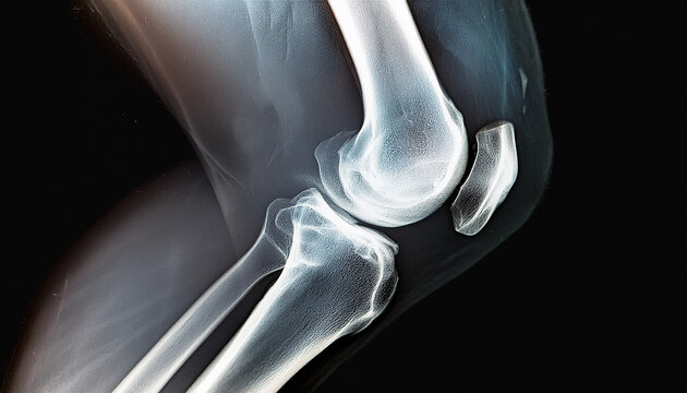 Medical X-ray image of knee joint with detailed cartilage and ligaments. Human bone.