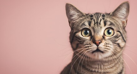 Obraz premium Cat Face Close up, Surprised, shocked cat face isolated on a pastel color background with copy space
