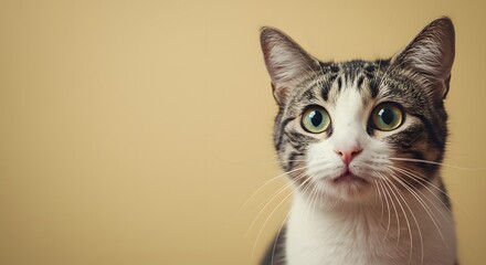 Obraz premium Cat Face Close up, Surprised, shocked cat face isolated on a pastel color background with copy space