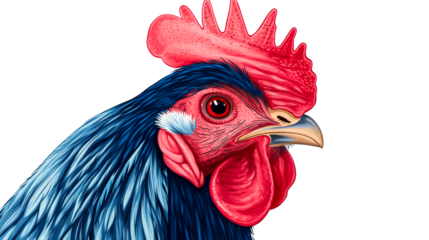 Rooster portrait with red crest and blue feathers, cut out transparent