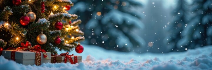 Winter festive scene with decorated Christmas tree, snowflakes and holly, decorations, winter wonderland, evergreen